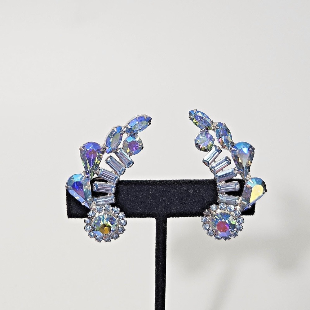 Vintage Weiss Light Blue AB Rhinestone Earrings Climber Clip On Signed